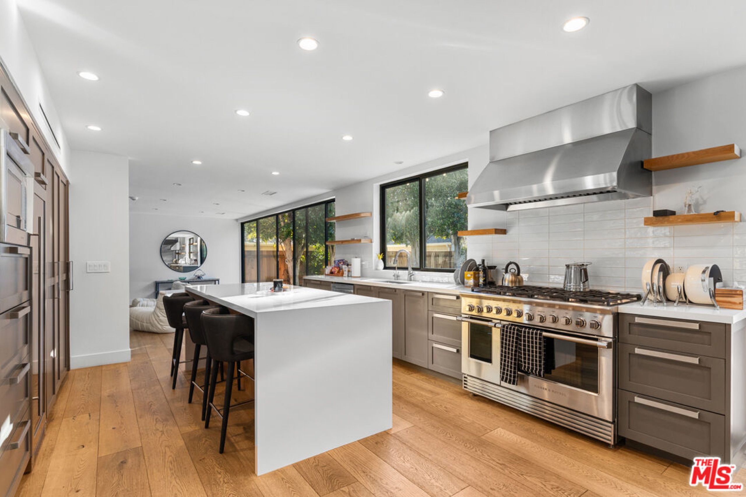 Kitchen with island and professional range